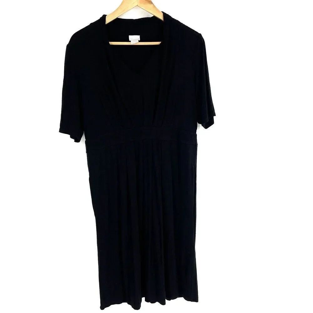 Chicos Dress Size 1 8/10 Womens Black Classic Pleated Sleeve Stretch V Neck Knit